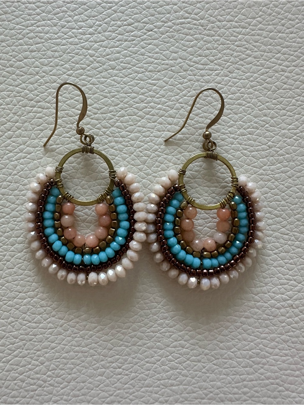 Handmade Cream & Turquoise Beaded Hoop Earrings